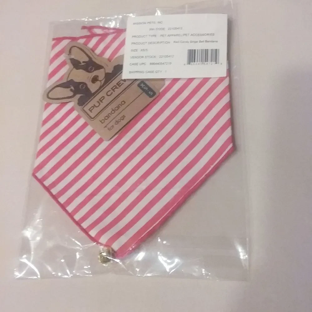 Pup Crew Pet Bandana Cat Dog Christmas Red White Candy Cane Striped Bell XS-S
